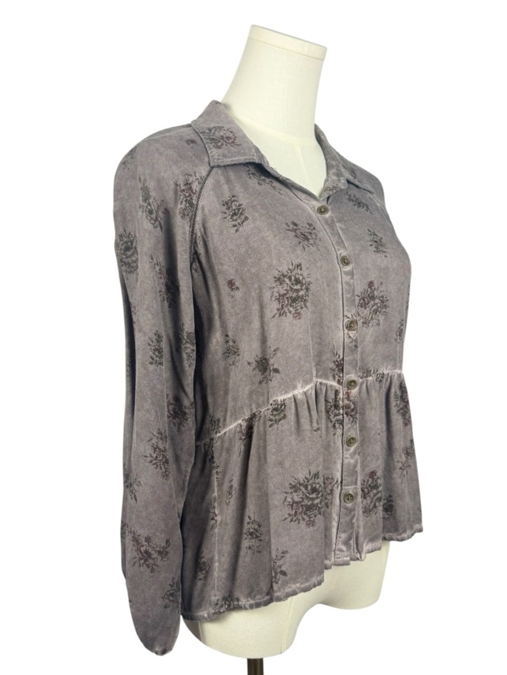 Lucky Brand Floral Gray 100% Viscose Button-Front Peplum Top XS - Picture 4 of 7